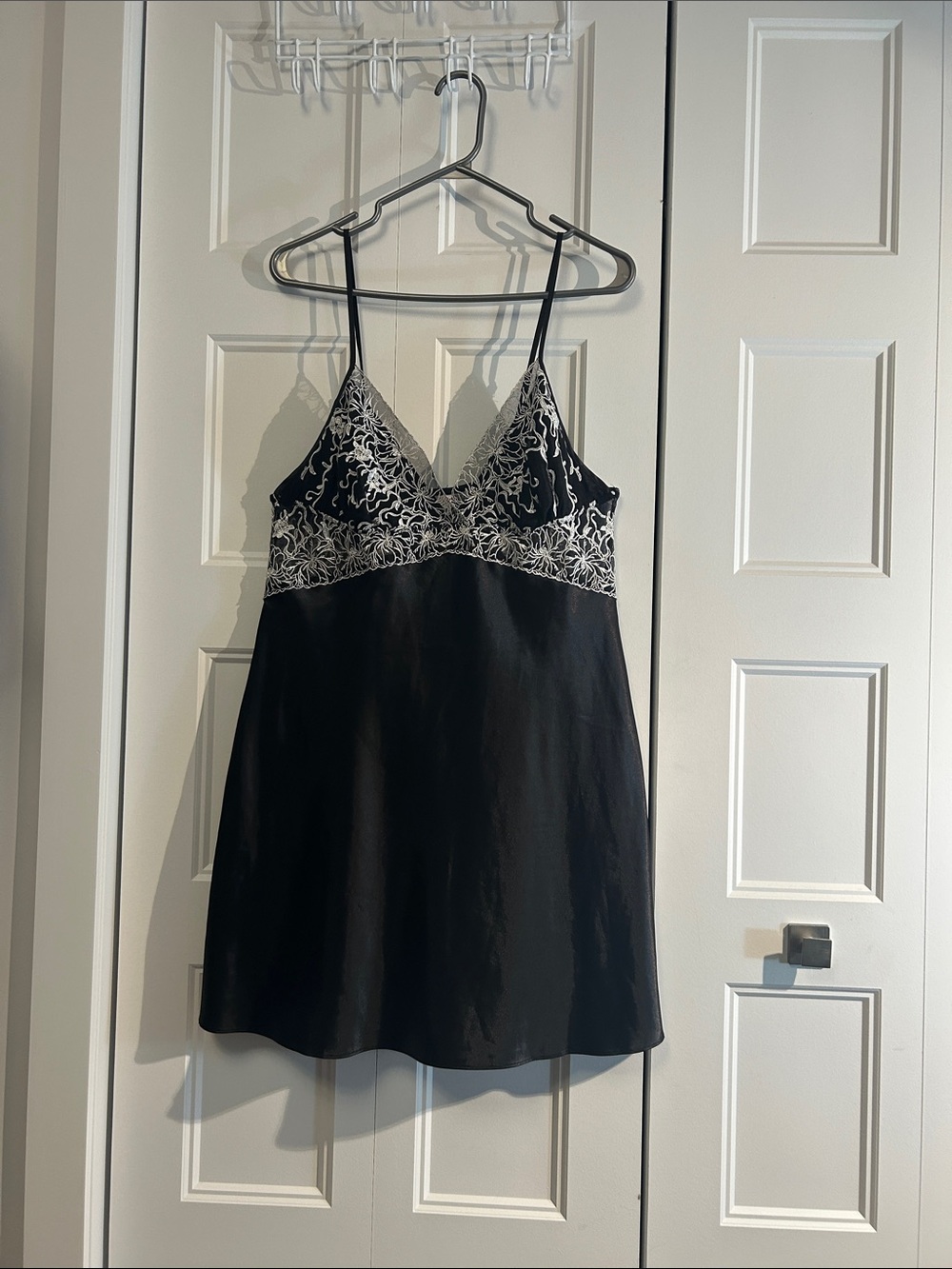 Black Satin Slip Dress with White Lace Trim